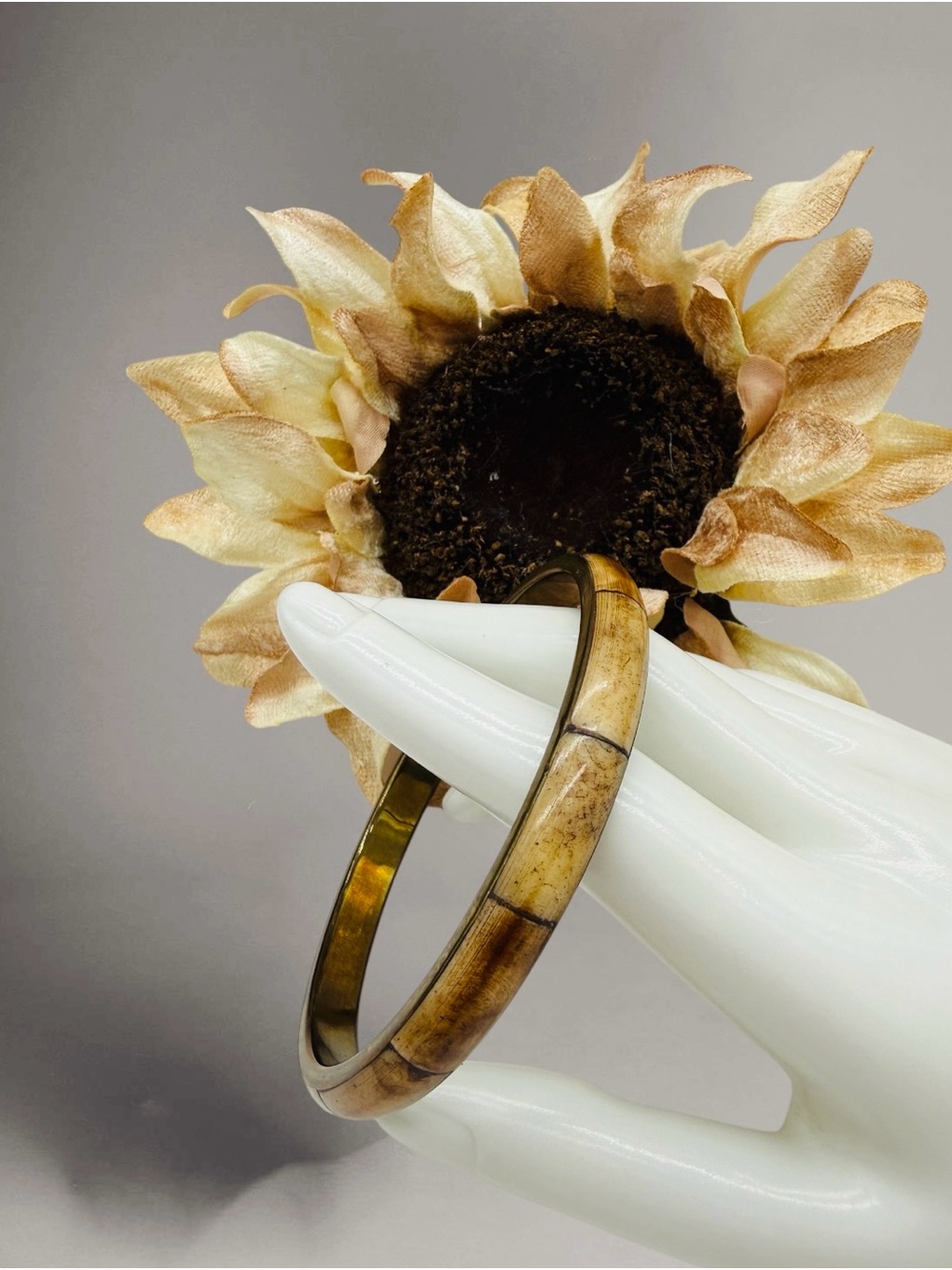 Vintage MCM Camel Bone Inlaid Brass Bangle Bracelet or Anklet Size 9.25” Unisex